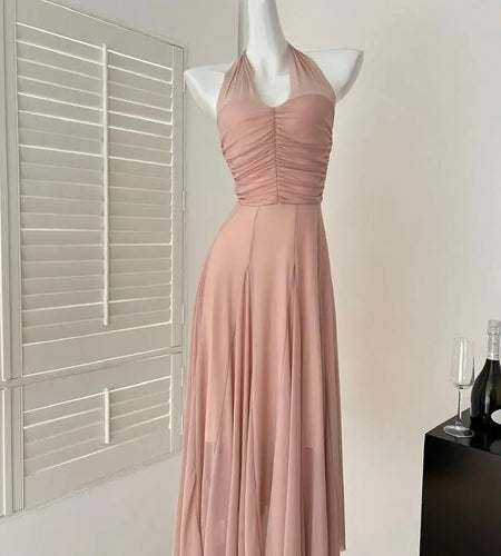 Summer Vintage Pink Sexy High Waist Evening Party Long Dress For Women V Neck Halter Bandage Elegant Backless Dresses 2025 Trend