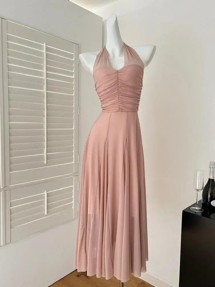Summer Vintage Pink Sexy High Waist Evening Party Long Dress For Women V Neck Halter Bandage Elegant Backless Dresses 2025 Trend