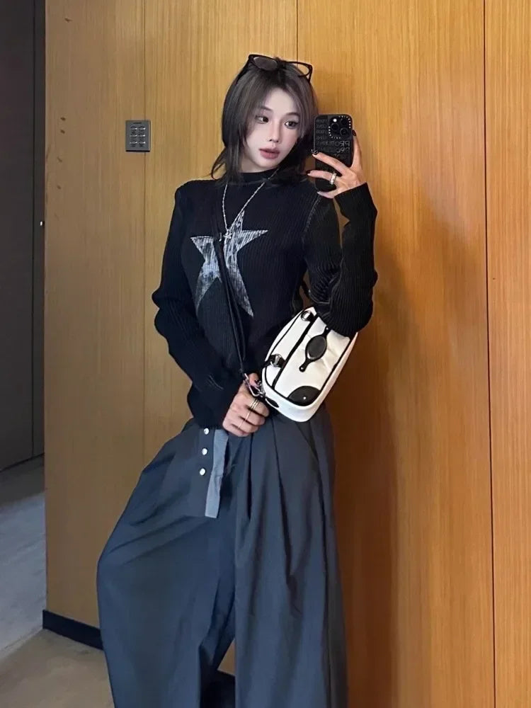 Y2k Amerrican Retro Star Print T-shirt Women Vintage Graphic Korean Fashion Tees Streetwear Long Sleeve Top Autumn