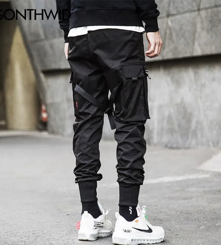 Ribbon Buckle Multi-Pockets Harem Joggers Pants Streetwear 2023 Men Hip Hop Casual Cargo Sweatpants Trousers Pants Male