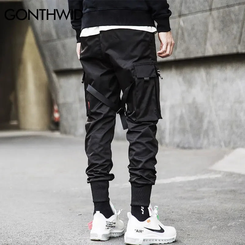 Ribbon Buckle Multi-Pockets Harem Joggers Pants Streetwear 2023 Men Hip Hop Casual Cargo Sweatpants Trousers Pants Male