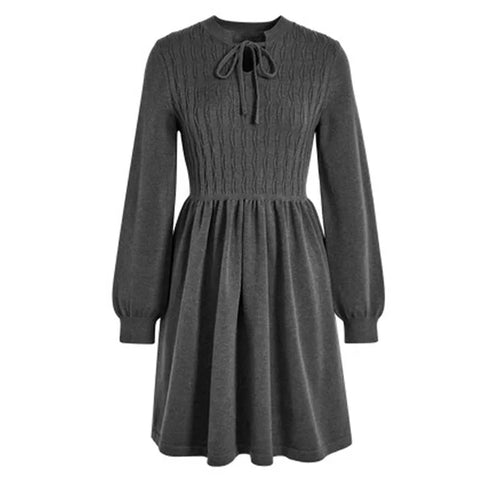 Load image into Gallery viewer, French Vintage Fashion Women Grey Festival Long Sleeved Lace-up Midi Dress Spring High Waist Pleated Knitted Dress Popular Trend
