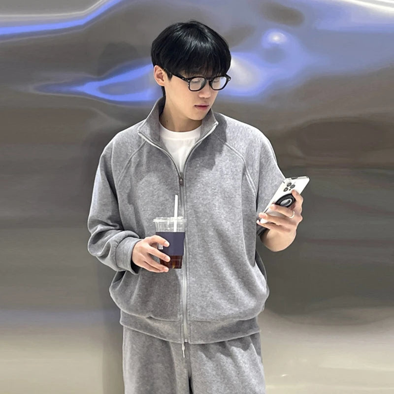 Spring Men's Two-piece Sets Stand Collar Solid Color Zipper Sweatshirt Drawstring Straight Leg Male Pants Simple 9W1192
