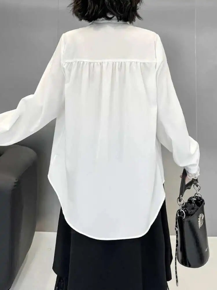 Women White Lace Big Size Elegant Blouse New Stand Collar Long Sleeve Shirt Fashion Tide Spring Autumn 2025 1DH9942
