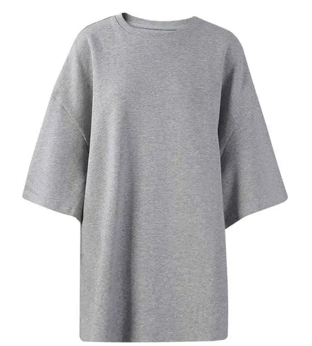 Women Beige Gray Side Slit Big Size Casual T-shirt New Round Neck Half Sleeve Fashion Tide Spring Autumn 2025 1DH6479