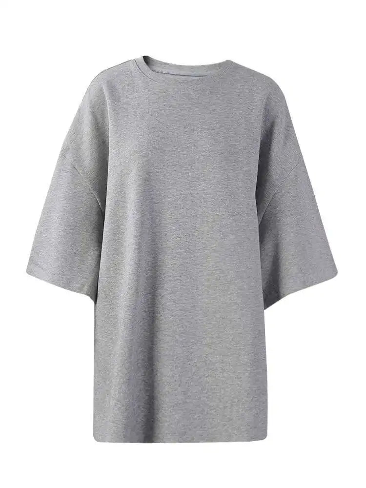 Women Beige Gray Side Slit Big Size Casual T-shirt New Round Neck Half Sleeve Fashion Tide Spring Autumn 2025 1DH6479