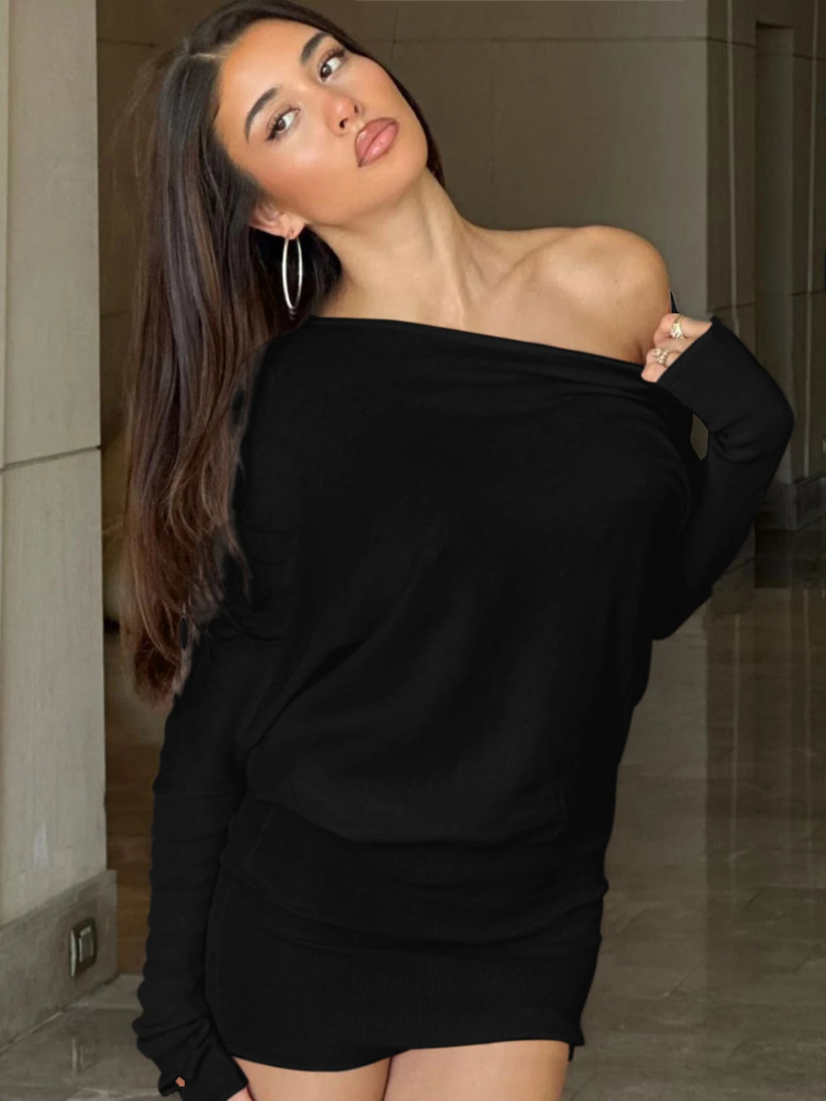 Fashion Solid One Shoulder Long Sleeve Ruched Sexy Slim Mini Dress Spring Women Clothes Birthday Party Festival