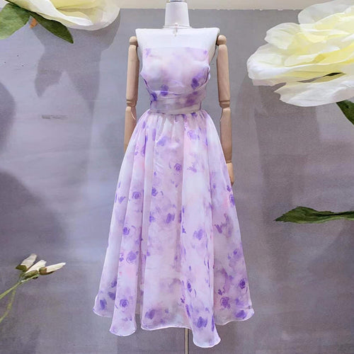 Load image into Gallery viewer, Square Collar Folds Print Dresses For Women Sleeveless High Waist Hit Color Temperament Dress Female Fashion
