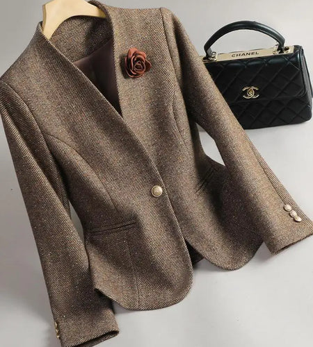 Korean Woman Autumn Winter Retro Brown Casual Long Sleeves Woolen Blazers Coat Commuting Office Lady Single Button Elegant Tops