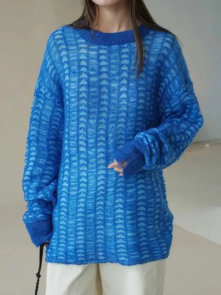 Blue Thin Hollow Out Knit Sweater Round Neck Long Sleeve Women Pullovers New Fashion Tide Spring Autumn 2025 1DH4489