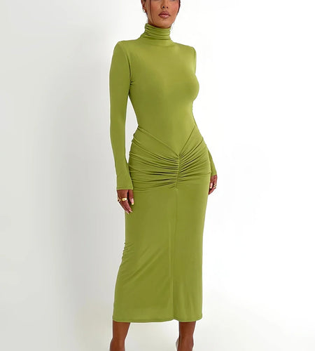 Elegant Turtleneck Long Sleeve Bodycon Maxi Dress Women Autumn Winter New Ruched Club Party Sexy Dress Vestidos