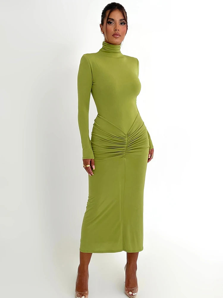 Elegant Turtleneck Long Sleeve Bodycon Maxi Dress Women Autumn Winter New Ruched Club Party Sexy Dress Vestidos