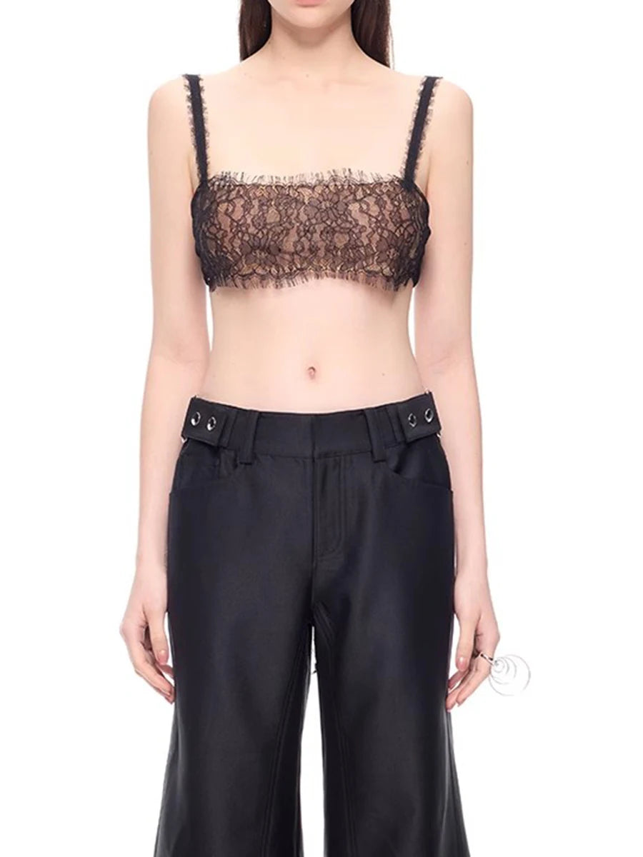 Solid Spliced Lace Minimalist Vests For Women Square Neck Sleeveless Sexy Chic Vest Female Fashion Style Clothes