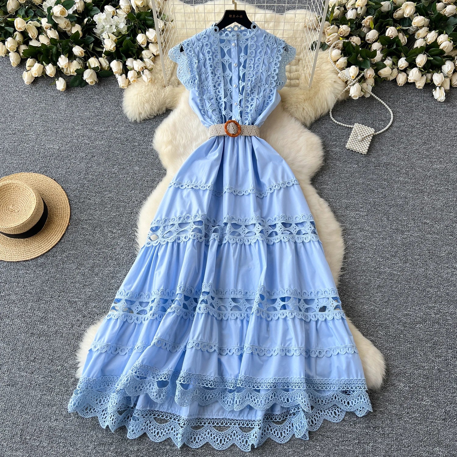 Retro French 2024 New Summer Women Solid Elegant Hollowed Out Sleeveless Long Dress Sweet Lace Patchwork Single Breasted Dresses