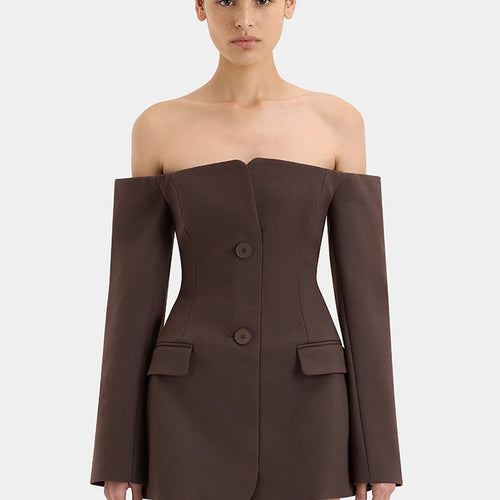 Load image into Gallery viewer, Off-shoulder Strapless Sexy Blazer Dress For Women Fashion Solid Zipper Two Pocket Long Sleeve Backless Mini Dress
