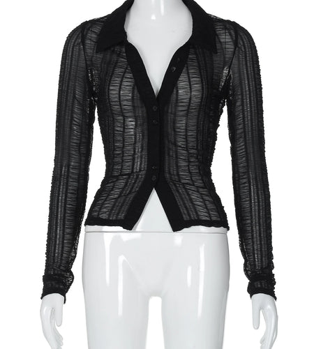 Mesh Black Turndown Collar Long Sleeve Buttons Sexy See Through Crop T-Shirt Top Fall Women Outfits Festival Nightclub