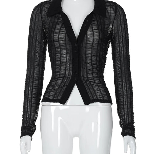 Load image into Gallery viewer, Mesh Black Turndown Collar Long Sleeve Buttons Sexy See Through Crop T-Shirt Top Fall Women Outfits Festival Nightclub
