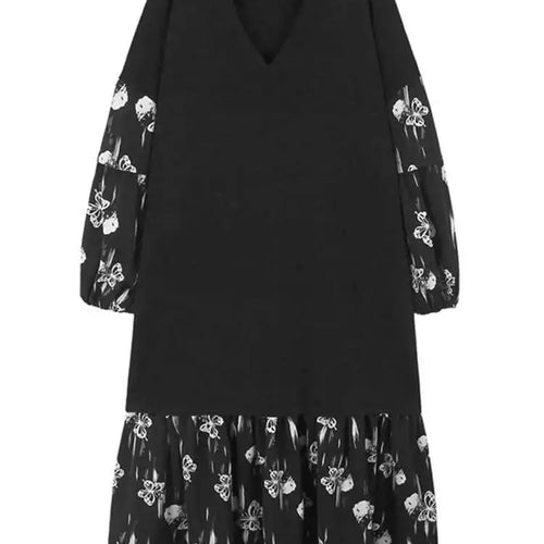 Load image into Gallery viewer, Women Black Knitting Pattern Printed Big Size Midi Dress New V-Neck Long Sleeve Fashion Tide Spring Autumn 2025 1DH7690

