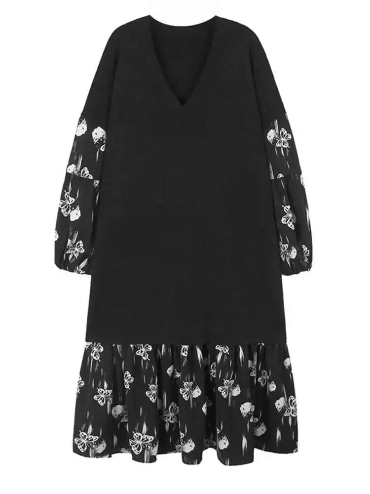 Women Black Knitting Pattern Printed Big Size Midi Dress New V-Neck Long Sleeve Fashion Tide Spring Autumn 2025 1DH7690