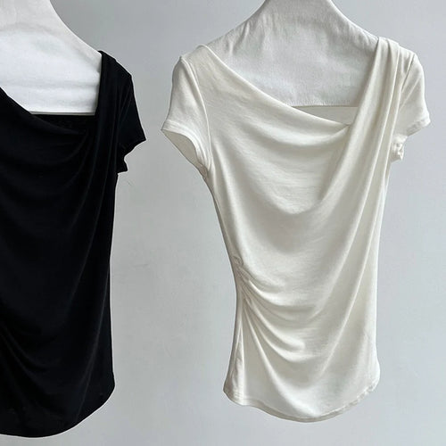 Load image into Gallery viewer, Women Black Irregular Pleated Elegant T-shirt New Skew Collar Short Sleeve Fashion Tide Spring Summer 2025 1DJ1908
