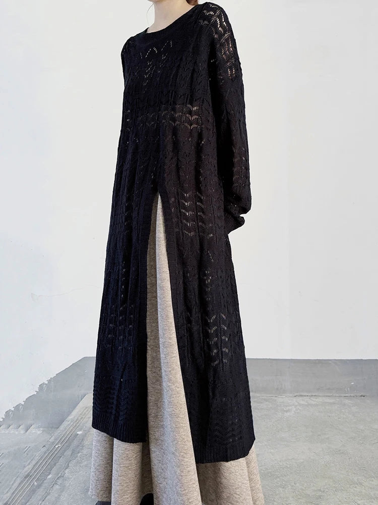 Women Black Big Size  Hollow Out Long Sweater Dress New Round Neck Long Sleeve Fashion Tide Spring Autumn 2025 1DJ0404