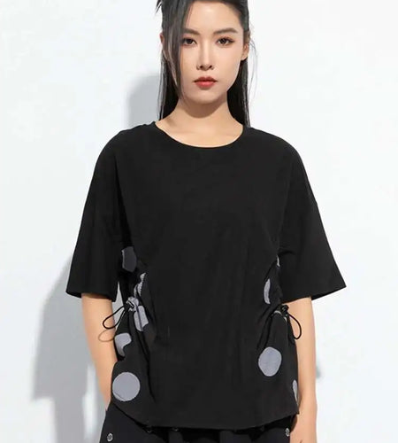 Women Black Dot Printed Color-block Big Size T-shirt New Round Neck Short Sleeve Fashion Tide Spring Summer 2025 1DH5058