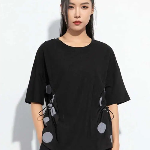 Load image into Gallery viewer, Women Black Dot Printed Color-block Big Size T-shirt New Round Neck Short Sleeve Fashion Tide Spring Summer 2025 1DH5058
