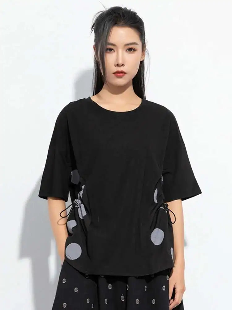 Women Black Dot Printed Color-block Big Size T-shirt New Round Neck Short Sleeve Fashion Tide Spring Summer 2025 1DH5058