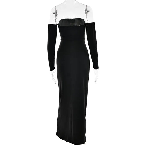 Load image into Gallery viewer, Metal Buckle Strapless Sexy Maxi Dress For Women Off-shoulder Backless Long Sleeve Ruched Bodycon Club Long Dress
