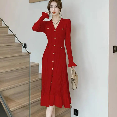 Load image into Gallery viewer, Autumn French Solid V-neck Elegant Ruffles Knit Dress Women Slim Long Sleeve Single Breast Fishtail Dress 2024 New Fashion Trend

