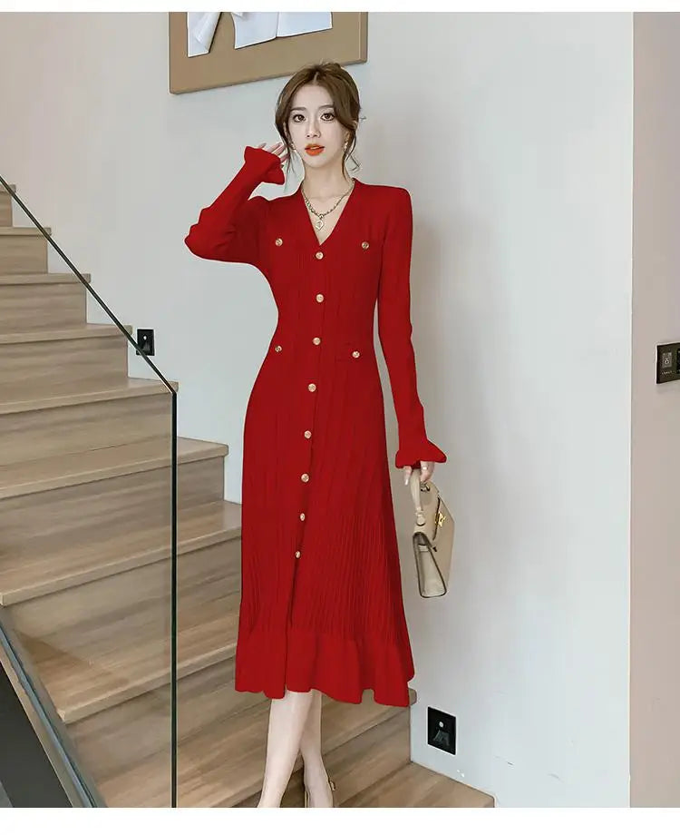Autumn French Solid V-neck Elegant Ruffles Knit Dress Women Slim Long Sleeve Single Breast Fishtail Dress 2024 New Fashion Trend