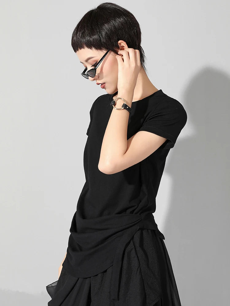 Women Black Irregular Hem Pleated Casual T-shirt New Round Neck Short Sleeve Fashion Tide Spring Summer 2025 1DJ1766