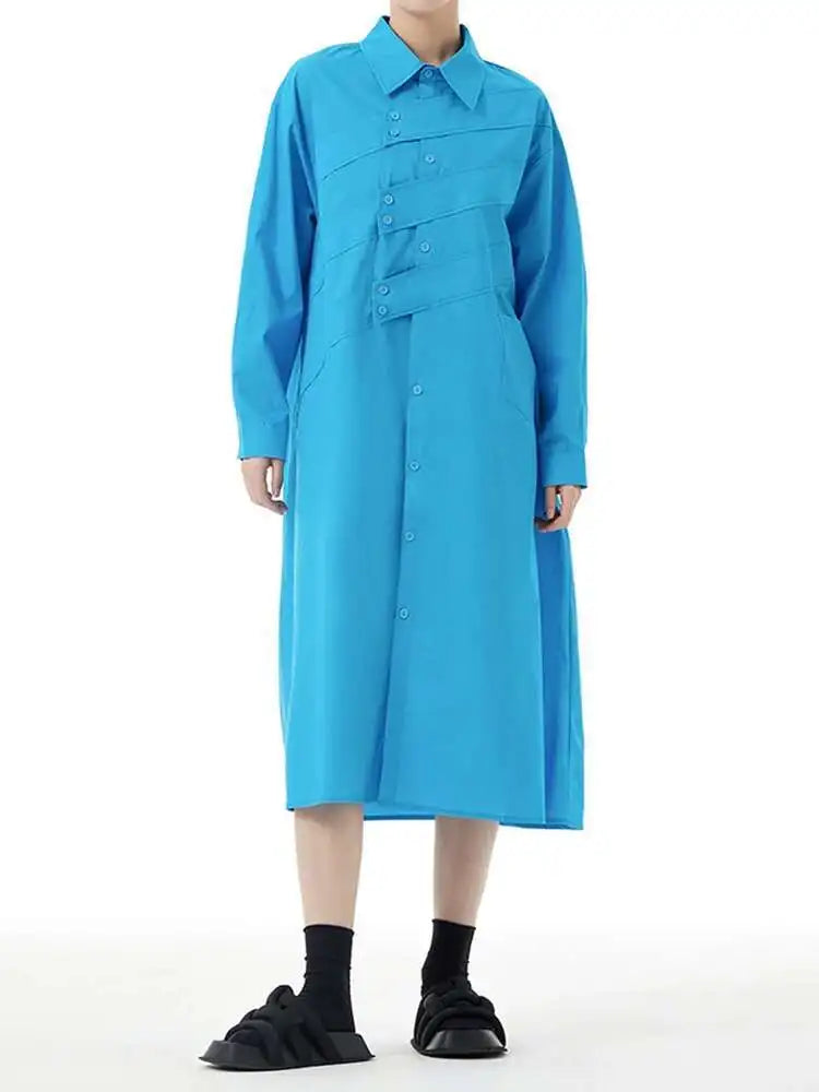 Women Rose Red Button Design Big Size Midi Shirt Dress New Lapel Long Sleeve Fashion Tide Spring Autumn 2025 1DH5165