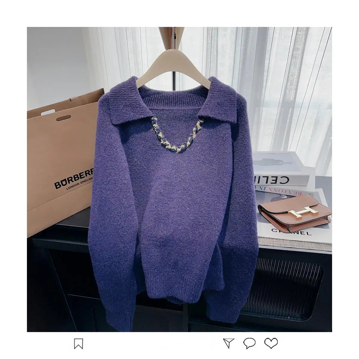 Korean Fashion Autumn Winter Khaki Elegant Pullover Short Sweater Women's 2024 New Purple Long Sleeved Loose Knitted Tops Street