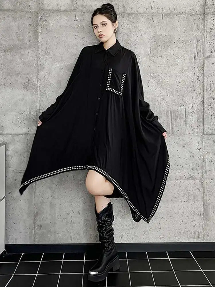 Women Black Irregular Hem Rivet Pocket Big Size Shirt Dress New Lapel Long Sleeve Fashion Tide Spring Autumn 2025 1DH7268
