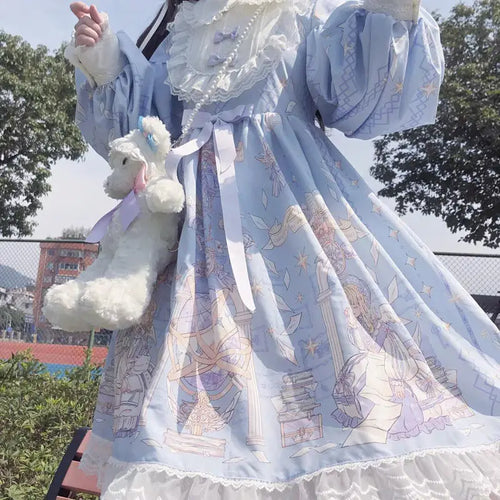 Load image into Gallery viewer, Sweet Kawaii Lolita Dress Women Soft Girl Cute Angel Print Lace Bow Fairy Party Dresses Costume Uniform Female
