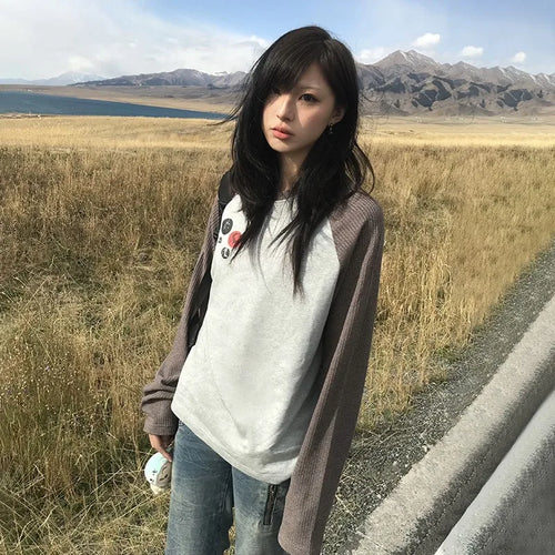 Load image into Gallery viewer, Japanese Y2k Patchwork T-shirt Vintage 2000s Style Knitted Tops 90s Harajuku Long Sleeve Ribbed T Shirt American Retro
