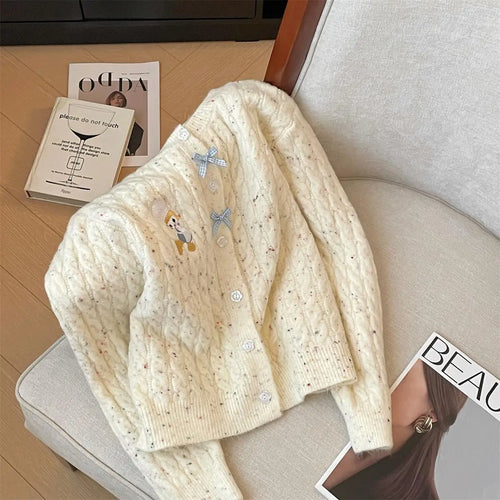 Load image into Gallery viewer, French Solid Embroidery Bow Single Breasted Short Cardigans Sweater Women Autumn Winter O-neck Long Sleeve Knitwear Tops Popular
