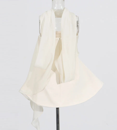 Elegant with Ribbon Mini Dress for Women Halter Collar Sleeveless High Waist Minimalist Solid Dresses Female Fashi