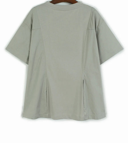 Women Gray Irregular Pocket Spliced Big Size T-shirt New Round Neck Short Sleeve Fashion Tide Spring Summer 2025  1DJ0923