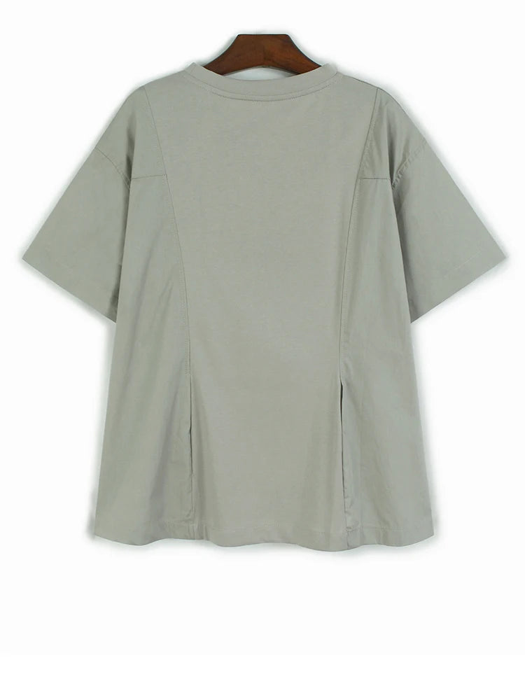 Women Gray Irregular Pocket Spliced Big Size T-shirt New Round Neck Short Sleeve Fashion Tide Spring Summer 2025  1DJ0923