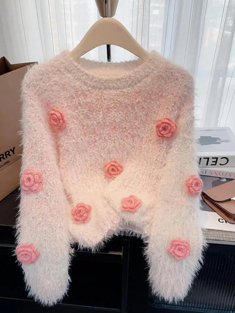 French Women Beige Flower Decorate Pullover Mink Sweater Purple Pink Long Sleeve Round Neck Elegant Knit Tops Autumn Winter Chic