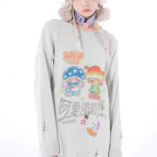 Load image into Gallery viewer, Y2k Aesthetic Cartoon Printing Harajuku Sweater Women Gothic Vintage Ripped Grunge Jumper Streetwear Oversize Hiphop Pullover
