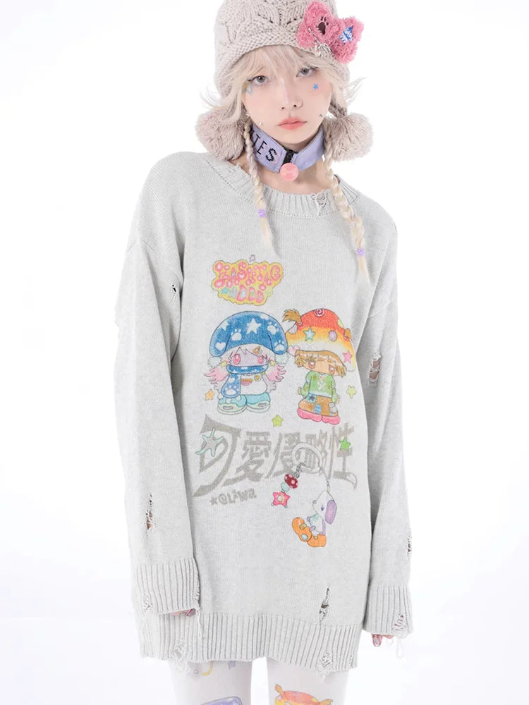 Y2k Aesthetic Cartoon Printing Harajuku Sweater Women Gothic Vintage Ripped Grunge Jumper Streetwear Oversize Hiphop Pullover