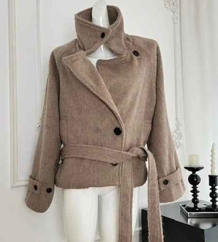 Korean Brown Vacation Loose Short Woolen Coat Women 2024 Autumn Winter Fashion Button Bandage Jacket Streetwear Casual Popular
