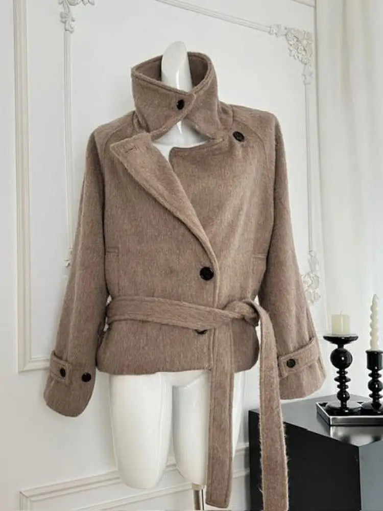 Korean Brown Vacation Loose Short Woolen Coat Women 2024 Autumn Winter Fashion Button Bandage Jacket Streetwear Casual Popular