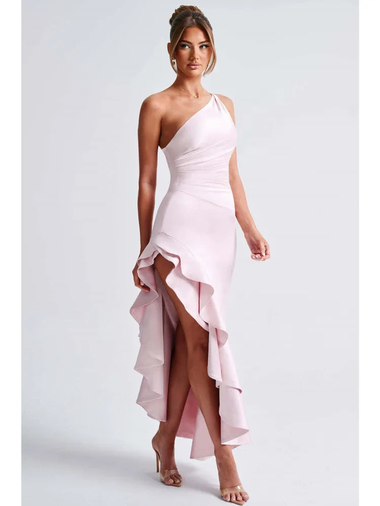 Elegant Satin Sleeveless Bodycon Ruffle Irregular Long Dress Women Sexy Backless Party Evening Dress Autumn New Vestido