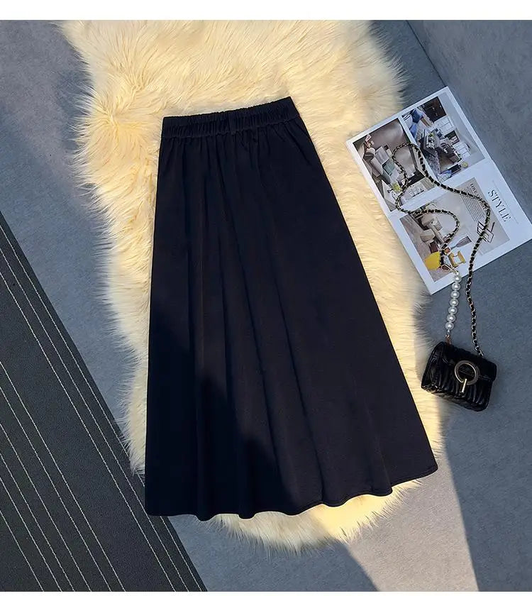 Vintage Black Red Elegant High Waist Woolen Long Skirt Women 2024 Autumn Winter Grey Vacation Party A Line Pleated Skirt Popular