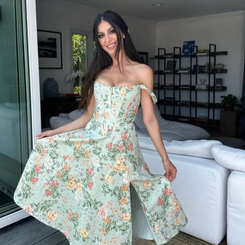 Load image into Gallery viewer, Summer Pink Floral Print Corset Dress Midi Elegant Sexy Party Dresses Holiday Birthday Casual A Line Women Clothing
