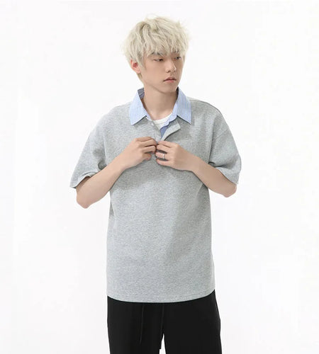 Men's Short Sleeve T-shirts Korean Simple Splicing Lapel Fake Two-piece Fashion Loose Male Clothing Pullover Top 9W1584
